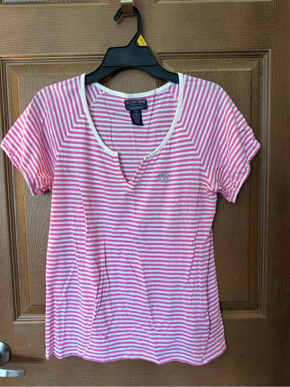 Polo Jeans Co/Ralph Lauren Women’s Pink White Striped V‑Neck Tee Size Medium
